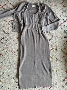 Ribbed Knit Tank Dress with Matching Cardigan - Taupe